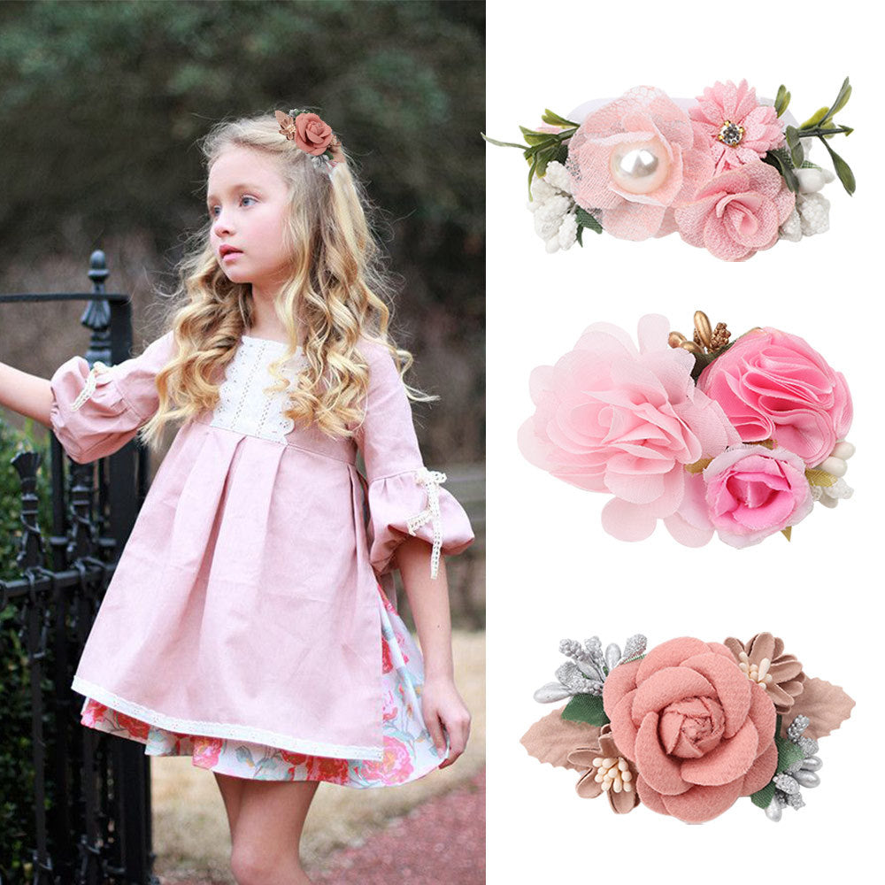 Wholesale Three Sets Pink Fake Head Flower Hair Clips